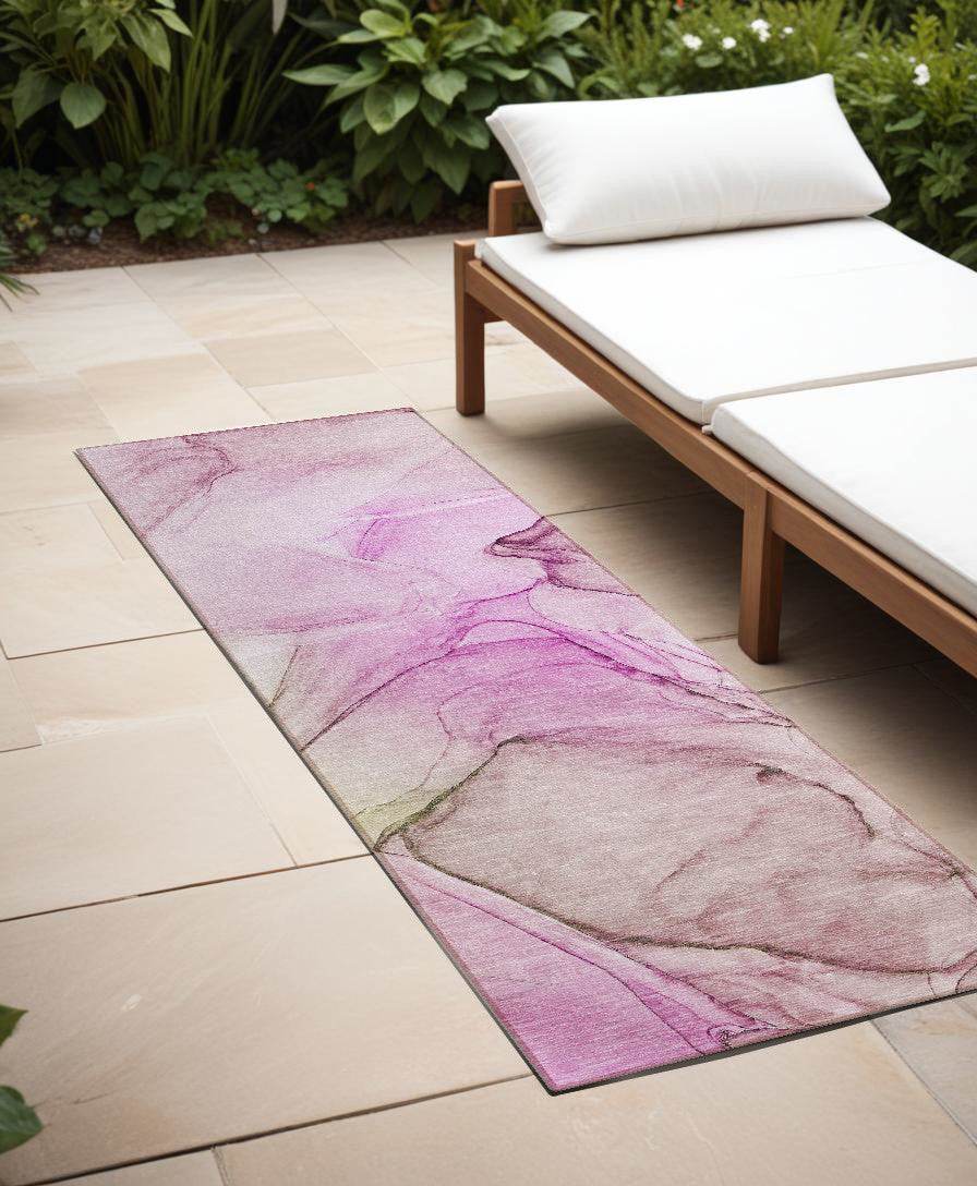 8' Runner Pink Abstract Washable Non Skid Indoor Outdoor Runner Rug - Loft&Timber
