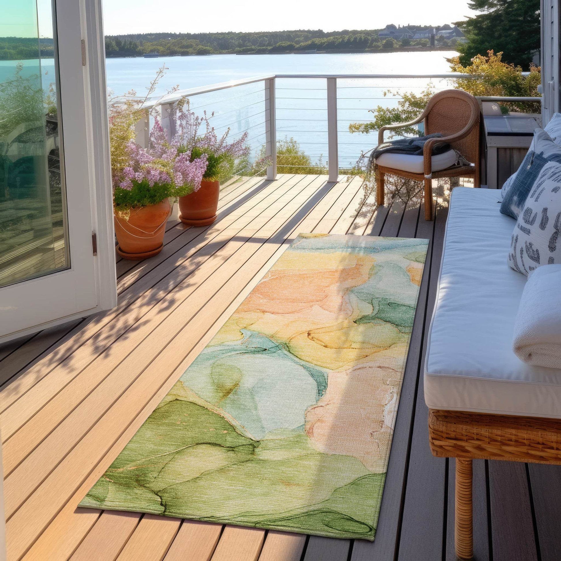 8' Runner Blue Abstract Washable Non Skid Indoor Outdoor Runner Rug - Loft&Timber