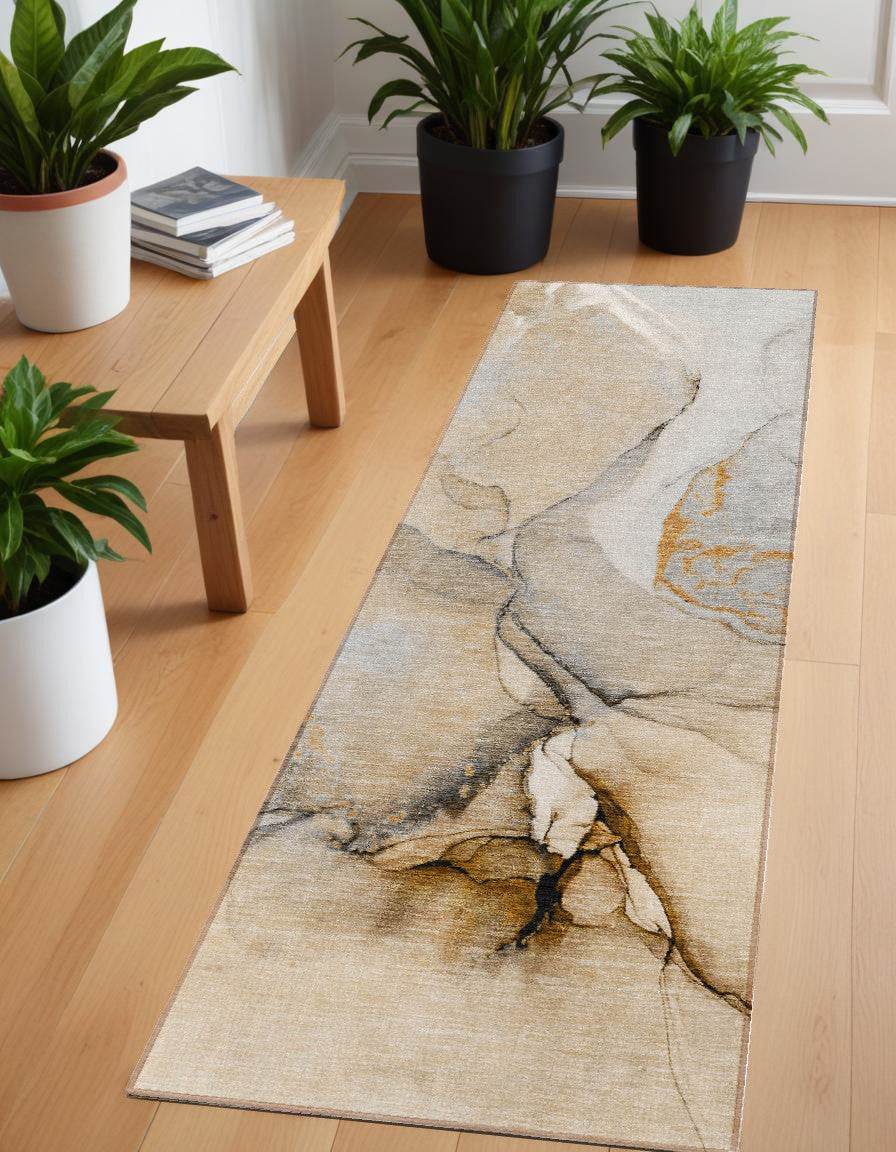 8' Runner Beige Abstract Washable Non Skid Indoor Outdoor Runner Rug - Loft&Timber