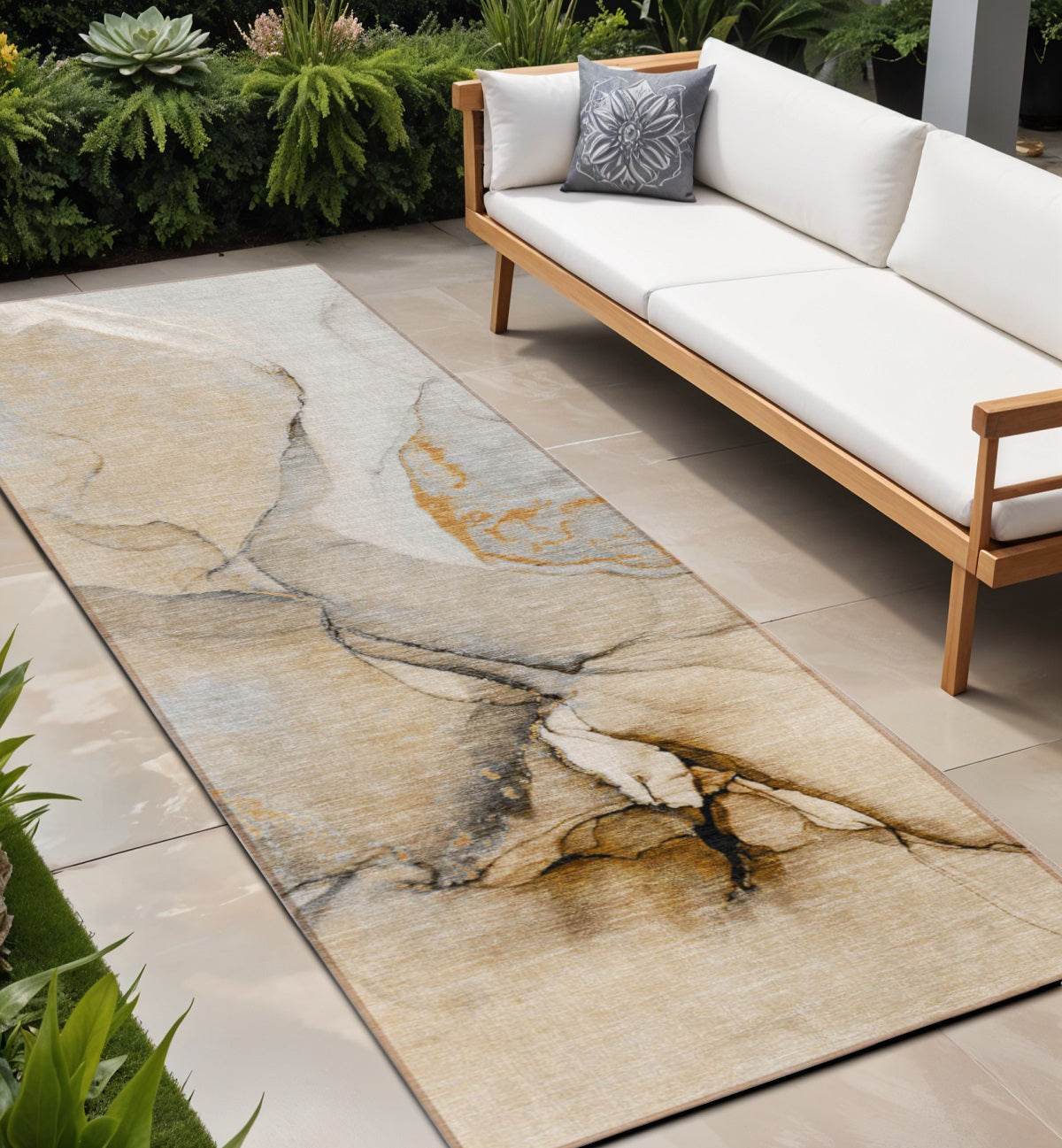 8' Runner Beige Abstract Washable Non Skid Indoor Outdoor Runner Rug - Loft&Timber