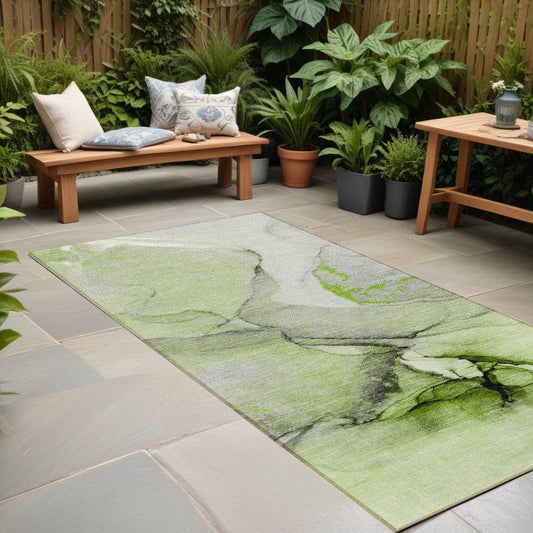 8' Runner Green Abstract Washable Non Skid Indoor Outdoor Runner Rug - Loft&Timber