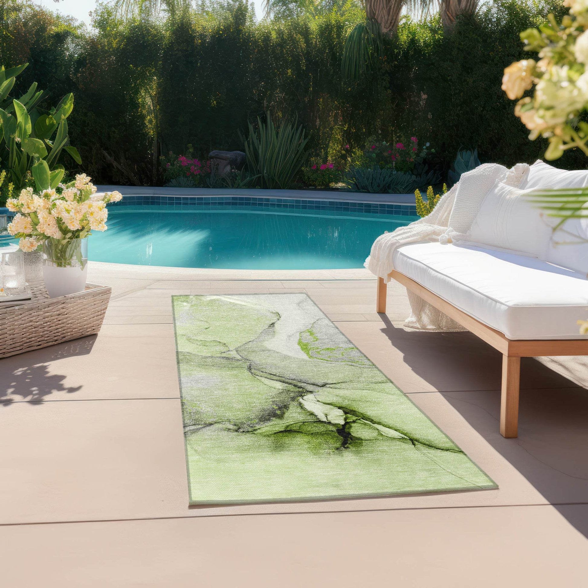 8' Runner Green Abstract Washable Non Skid Indoor Outdoor Runner Rug - Loft&Timber