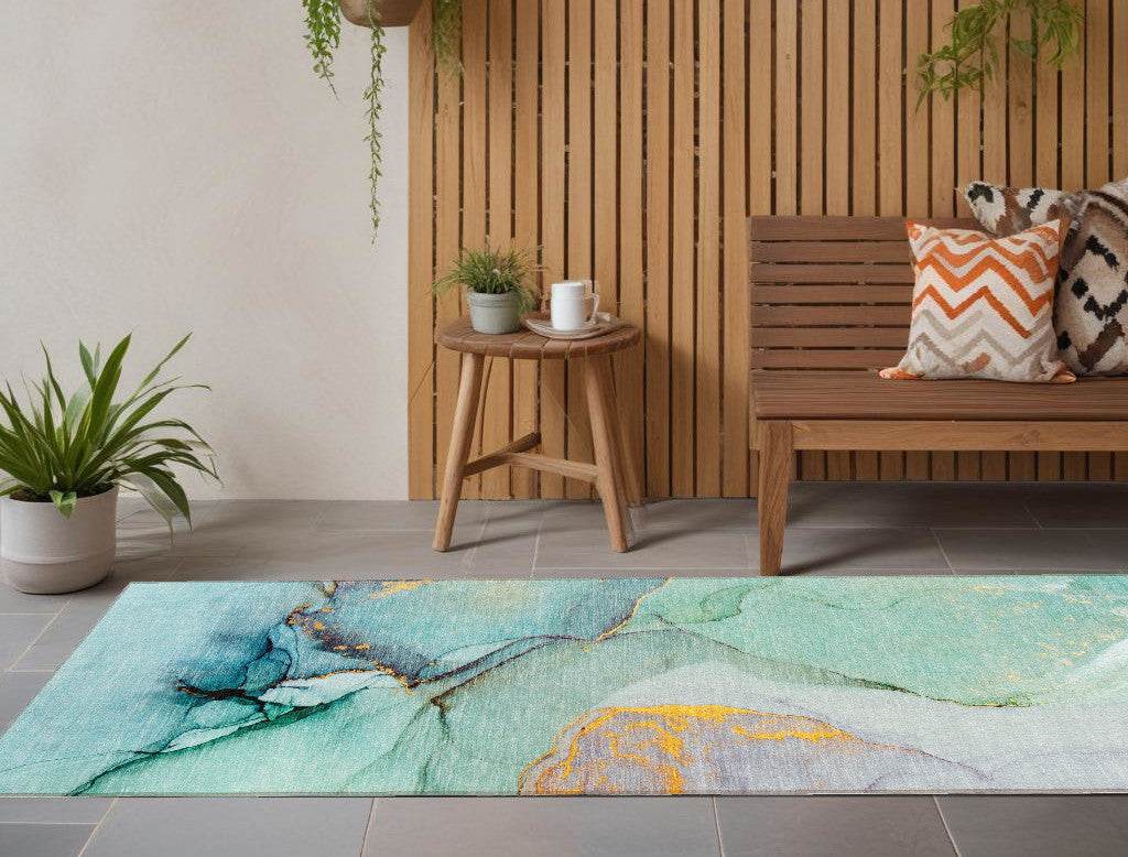 8' Runner Teal Abstract Washable Non Skid Indoor Outdoor Runner Rug - Loft&Timber