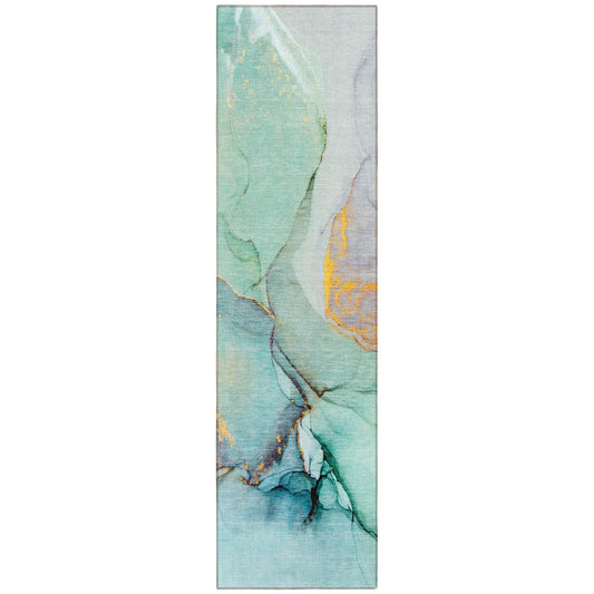 8' Runner Teal Abstract Washable Non Skid Indoor Outdoor Runner Rug - Loft&Timber