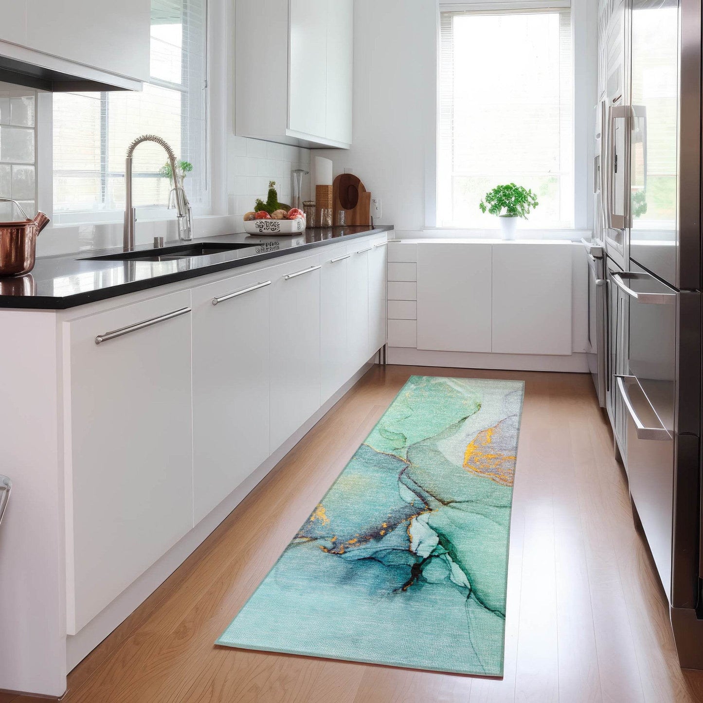 8' Runner Teal Abstract Washable Non Skid Indoor Outdoor Runner Rug - Loft&Timber