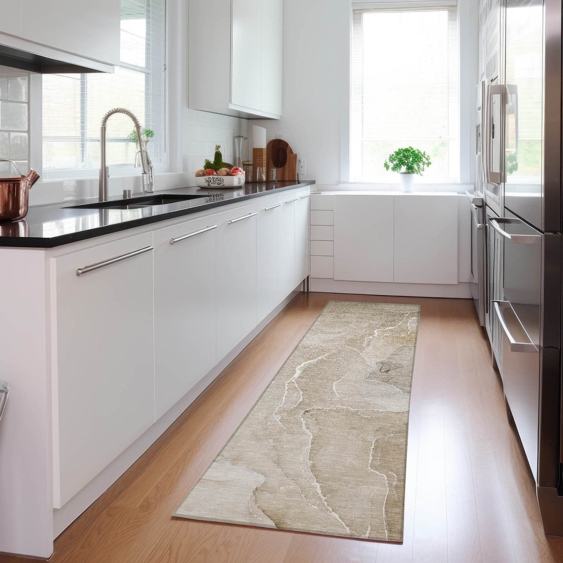 8' Runner Beige Abstract Washable Non Skid Indoor Outdoor Runner Rug - Loft&Timber