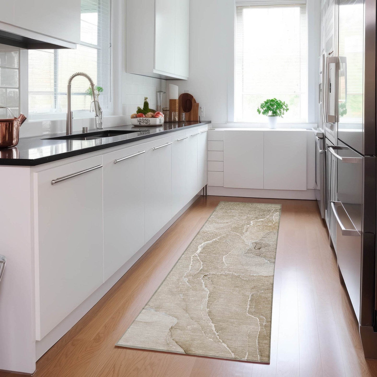 8' Runner Beige Abstract Washable Non Skid Indoor Outdoor Runner Rug - Loft&Timber