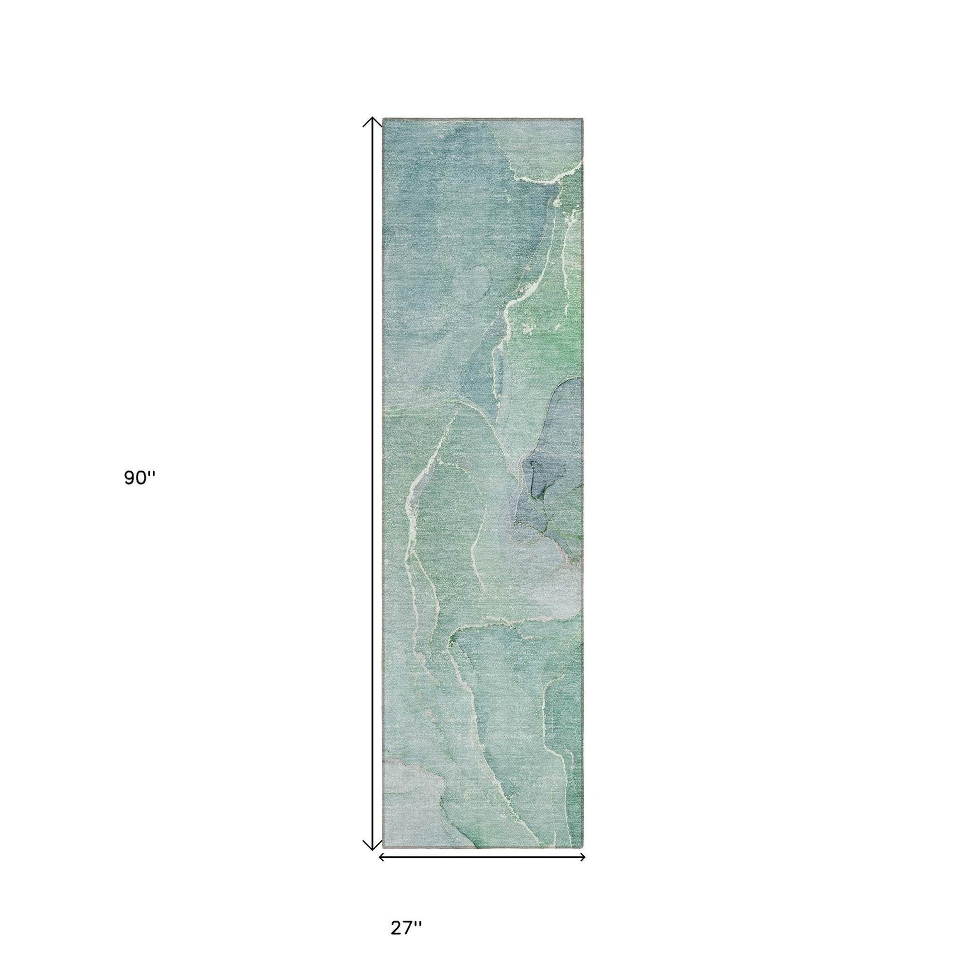 8' Runner Teal Abstract Washable Non Skid Indoor Outdoor Runner Rug - Loft&Timber