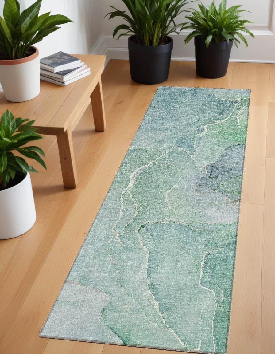 8' Runner Teal Abstract Washable Non Skid Indoor Outdoor Runner Rug - Loft&Timber