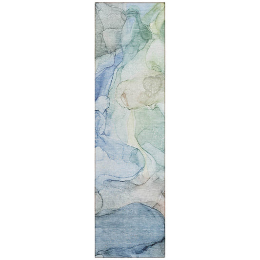 8' Runner Blue Abstract Washable Non Skid Indoor Outdoor Runner Rug - Loft&Timber