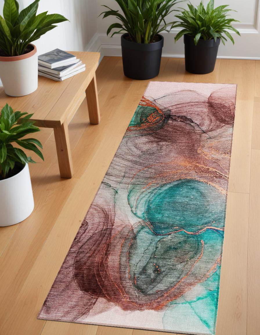 8' Runner Burgundy Abstract Washable Non Skid Indoor Outdoor Runner Rug - Loft&Timber