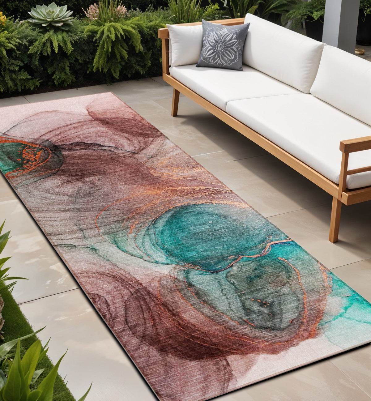 8' Runner Burgundy Abstract Washable Non Skid Indoor Outdoor Runner Rug - Loft&Timber