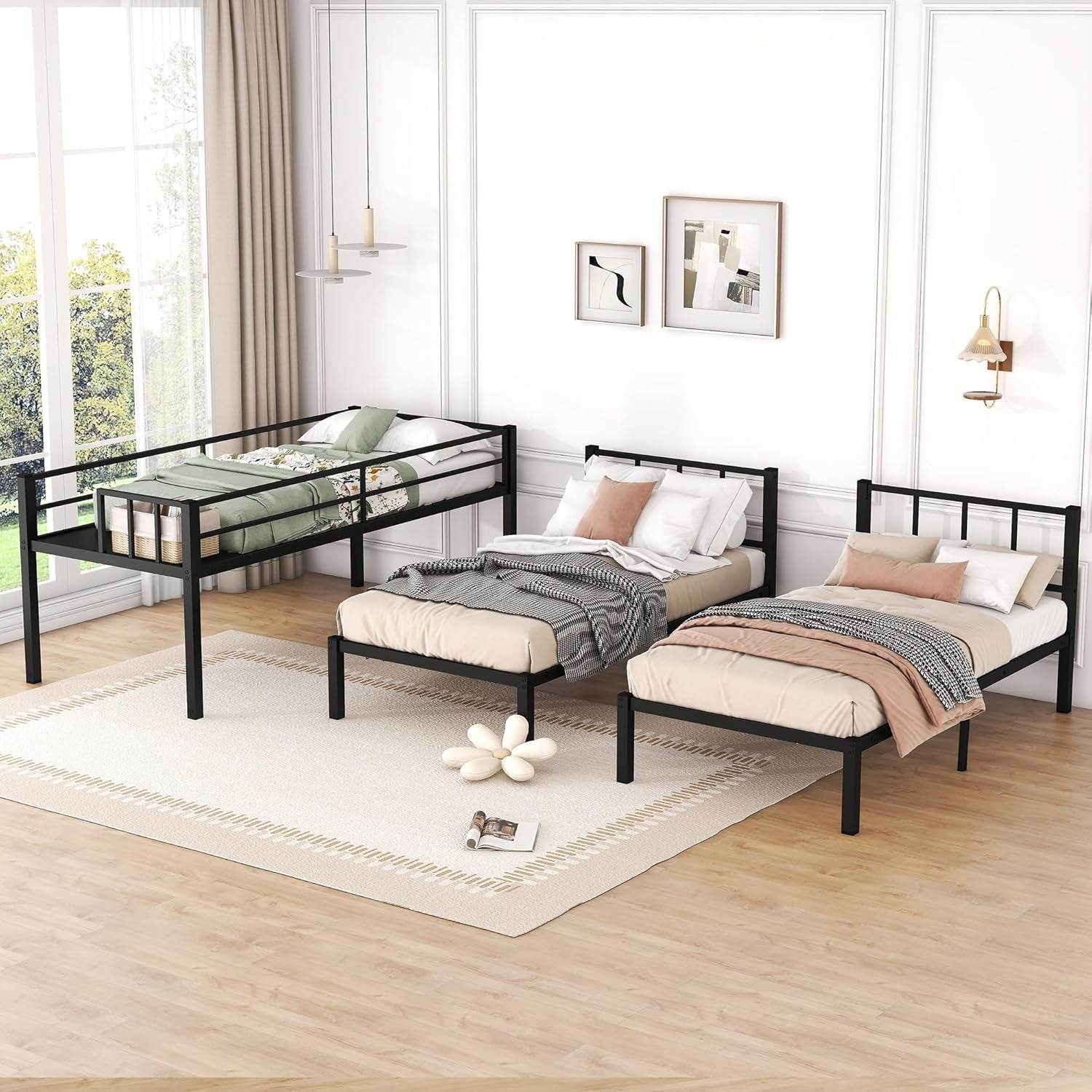 Twin over Twin over Twin Triple Bunk Bed for Kids,3 Bed Bunk Beds for 3,Metal Triple Bunk Beds with Built-In Desk,Separates into 3 Twin Beds,Noise Reduced Structure,Black - Loft&Timber