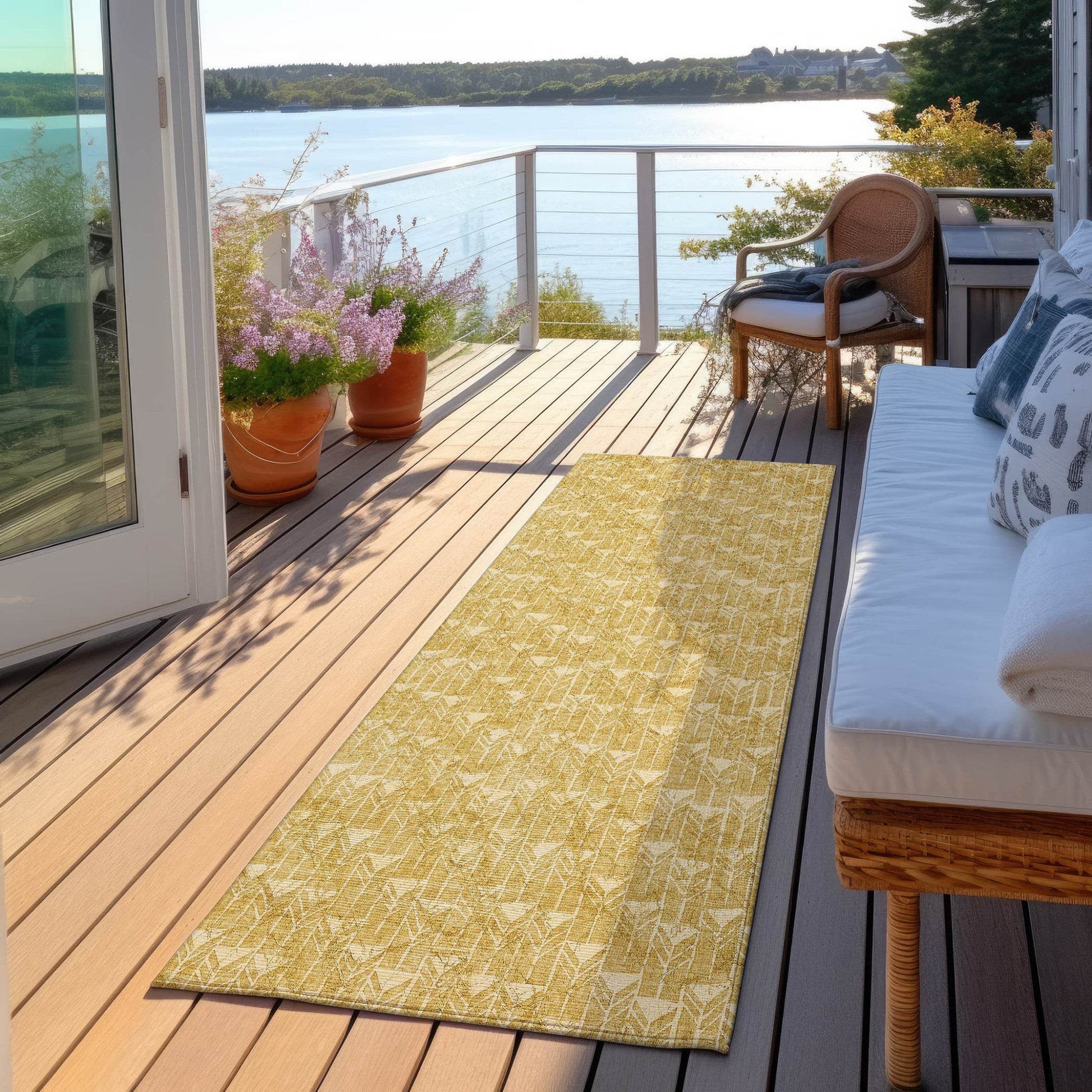 8' Runner Gold Geometric Washable Non Skid Indoor Outdoor Runner Rug - Loft&Timber