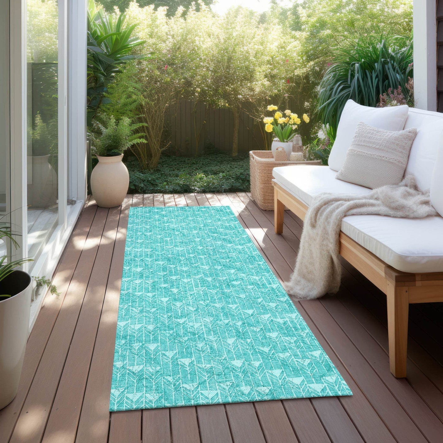 8' Runner Turquoise Geometric Washable Non Skid Indoor Outdoor Runner Rug - Loft&Timber