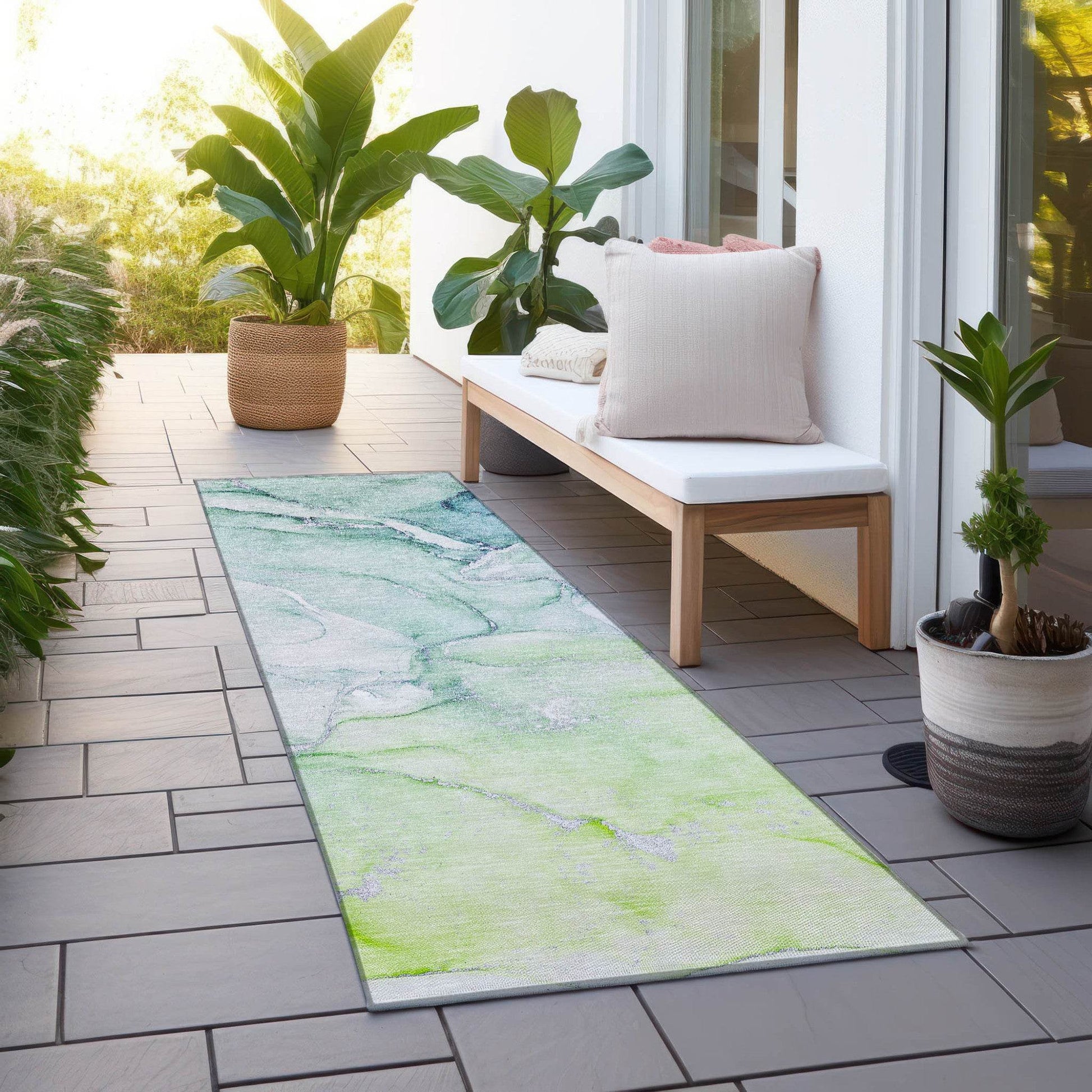 8' Runner Green Abstract Washable Non Skid Indoor Outdoor Runner Rug - Loft&Timber