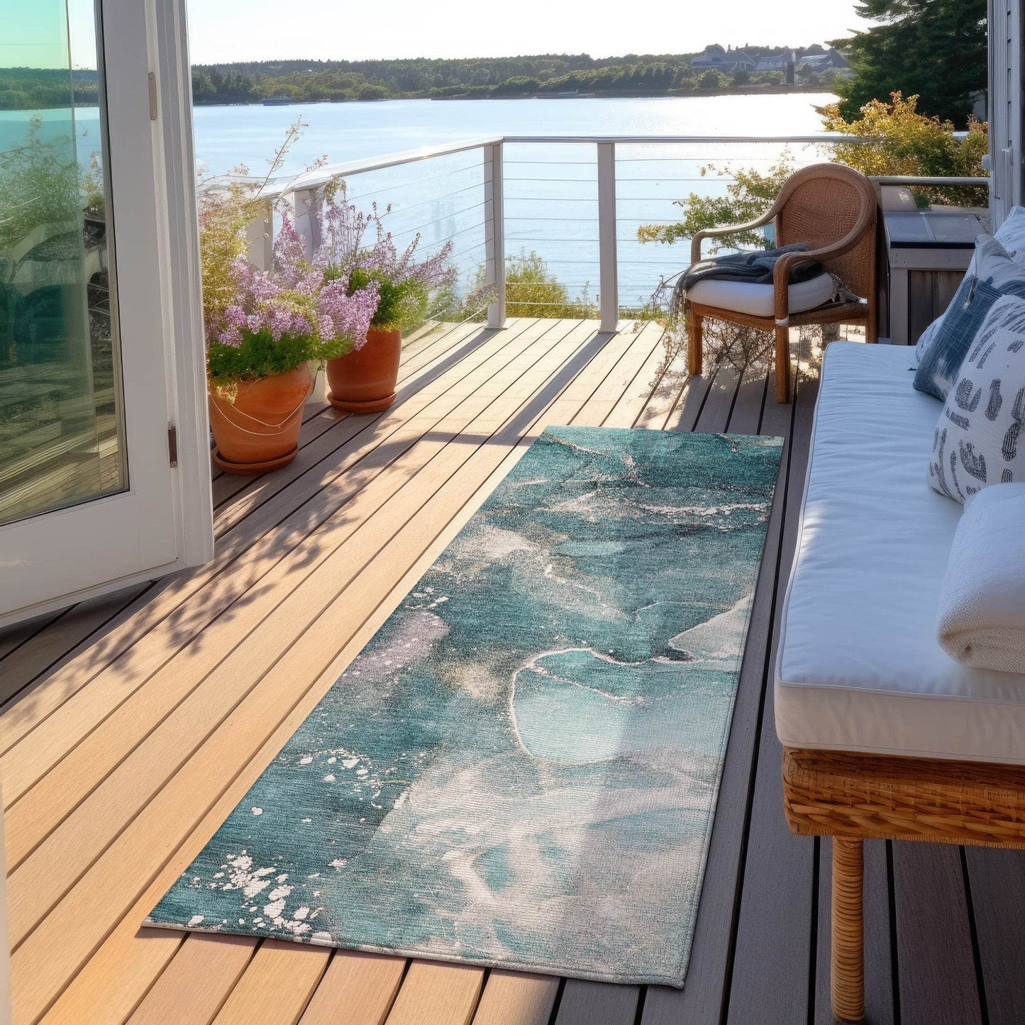 8' Runner Teal Abstract Washable Non Skid Indoor Outdoor Runner Rug - Loft&Timber