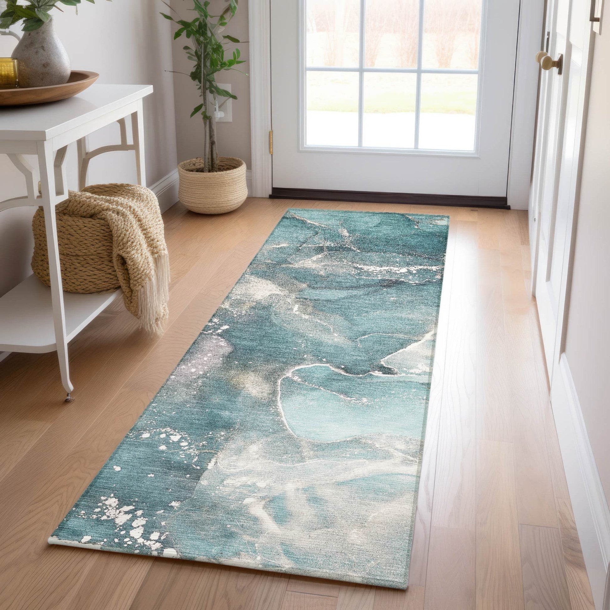 8' Runner Teal Abstract Washable Non Skid Indoor Outdoor Runner Rug - Loft&Timber