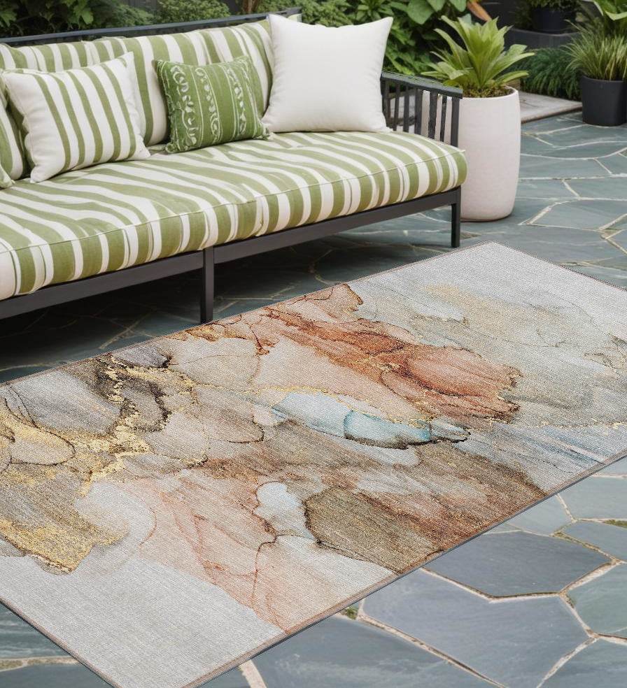 8' Runner Beige Abstract Washable Non Skid Indoor Outdoor Runner Rug - Loft&Timber