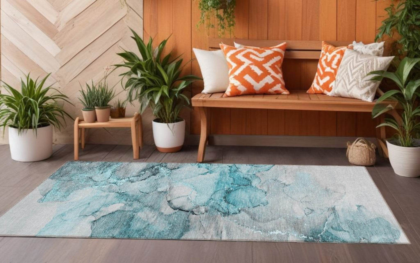 8' Runner Teal Abstract Washable Non Skid Indoor Outdoor Runner Rug - Loft&Timber