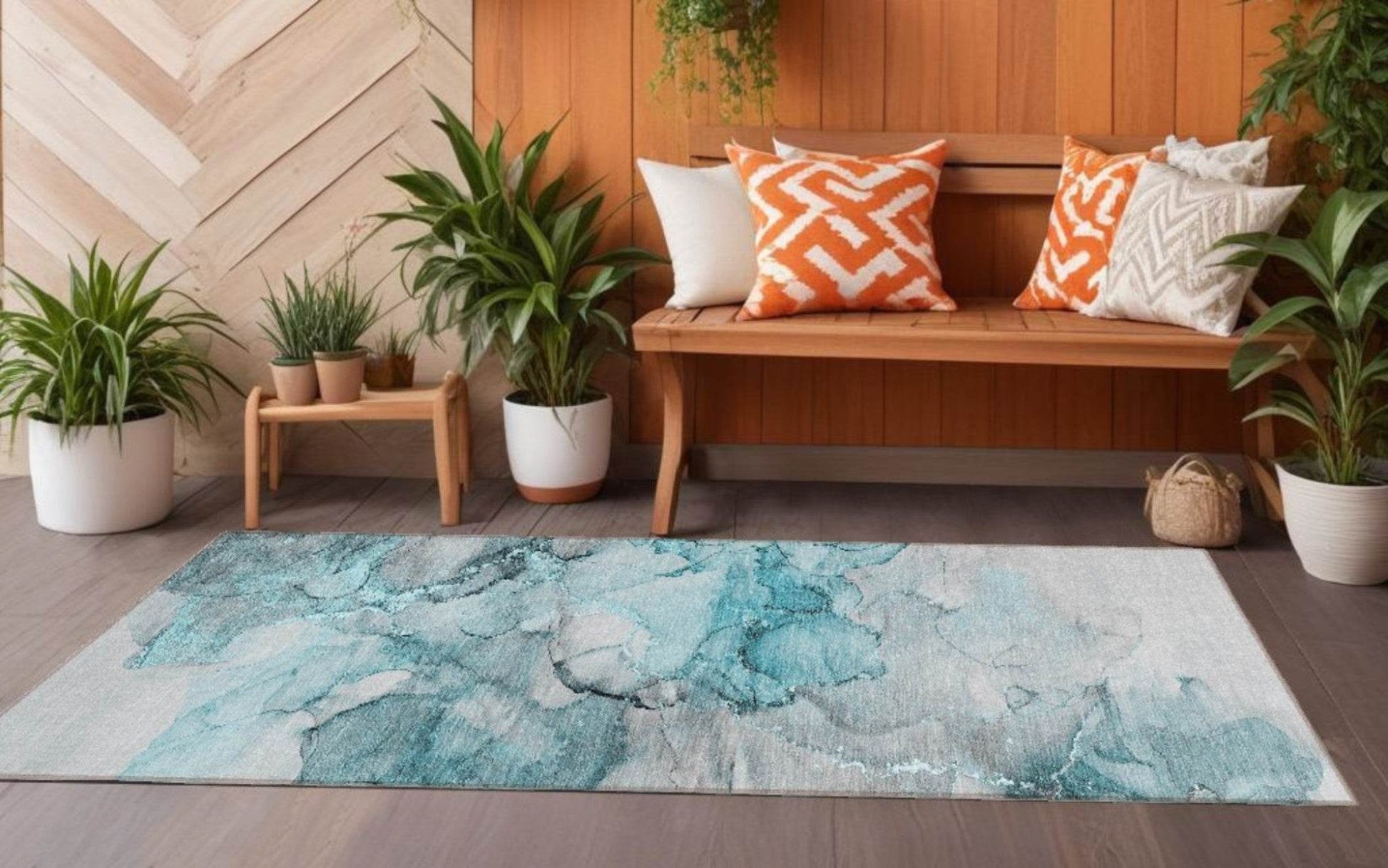 8' Runner Teal Abstract Washable Non Skid Indoor Outdoor Runner Rug - Loft&Timber