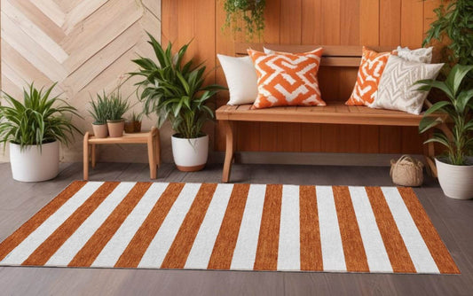 8' Runner Orange Striped Washable Non Skid Indoor Outdoor Runner Rug - Loft&Timber