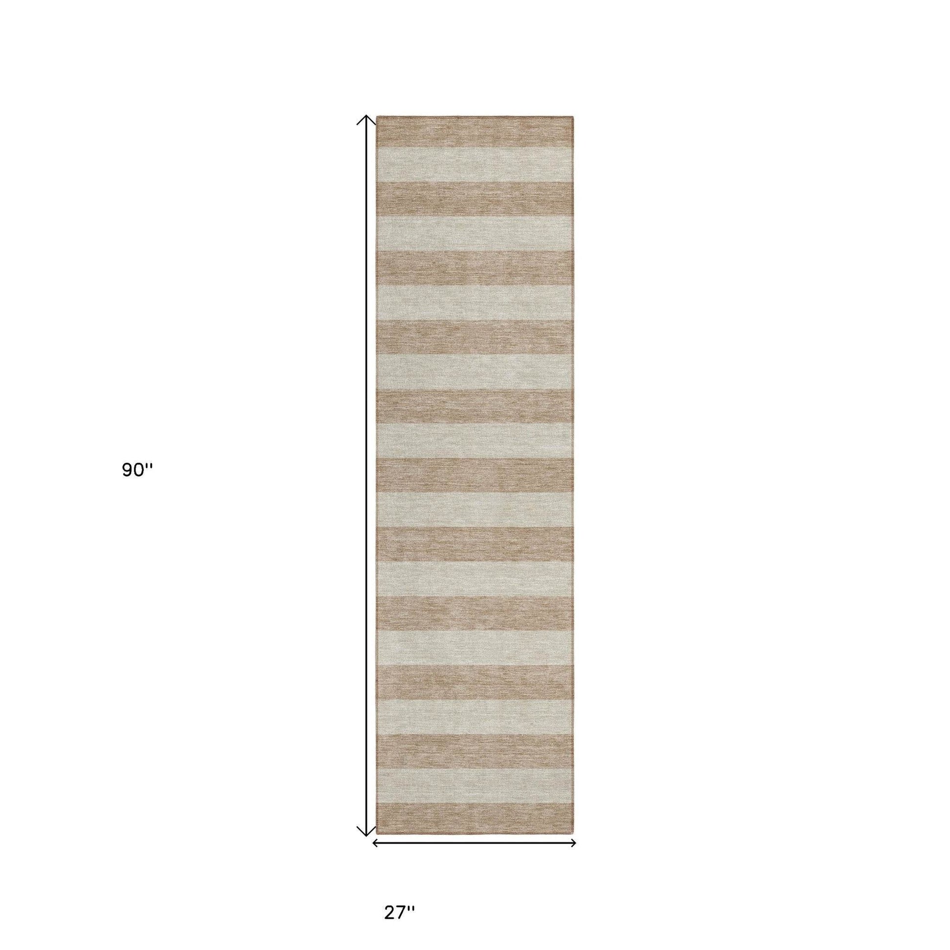 8' Runner Beige Striped Washable Non Skid Indoor Outdoor Runner Rug - Loft&Timber