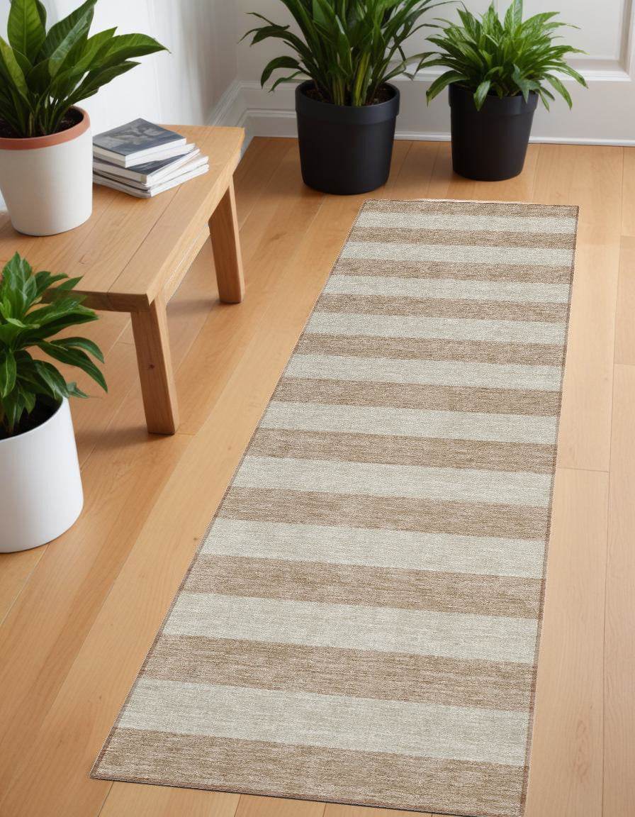 8' Runner Beige Striped Washable Non Skid Indoor Outdoor Runner Rug - Loft&Timber