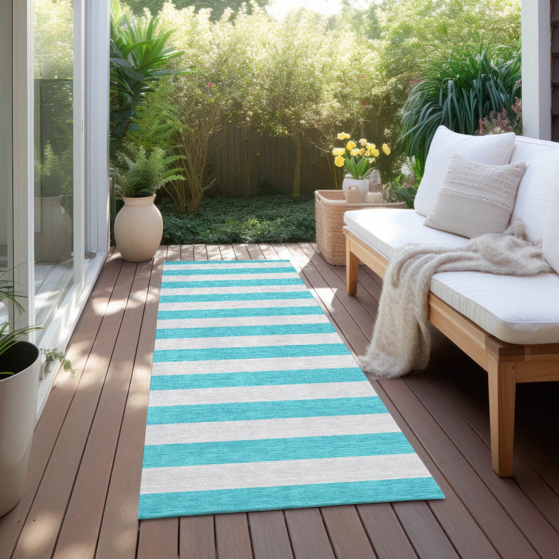 8' Runner Turquoise Striped Washable Non Skid Indoor Outdoor Runner Rug - Loft&Timber