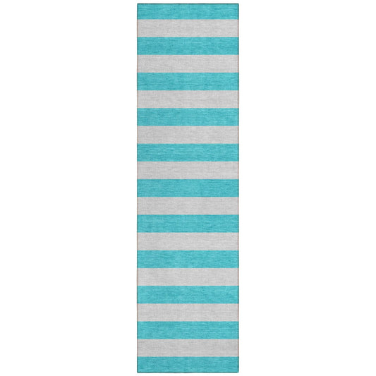 8' Runner Turquoise Striped Washable Non Skid Indoor Outdoor Runner Rug - Loft&Timber