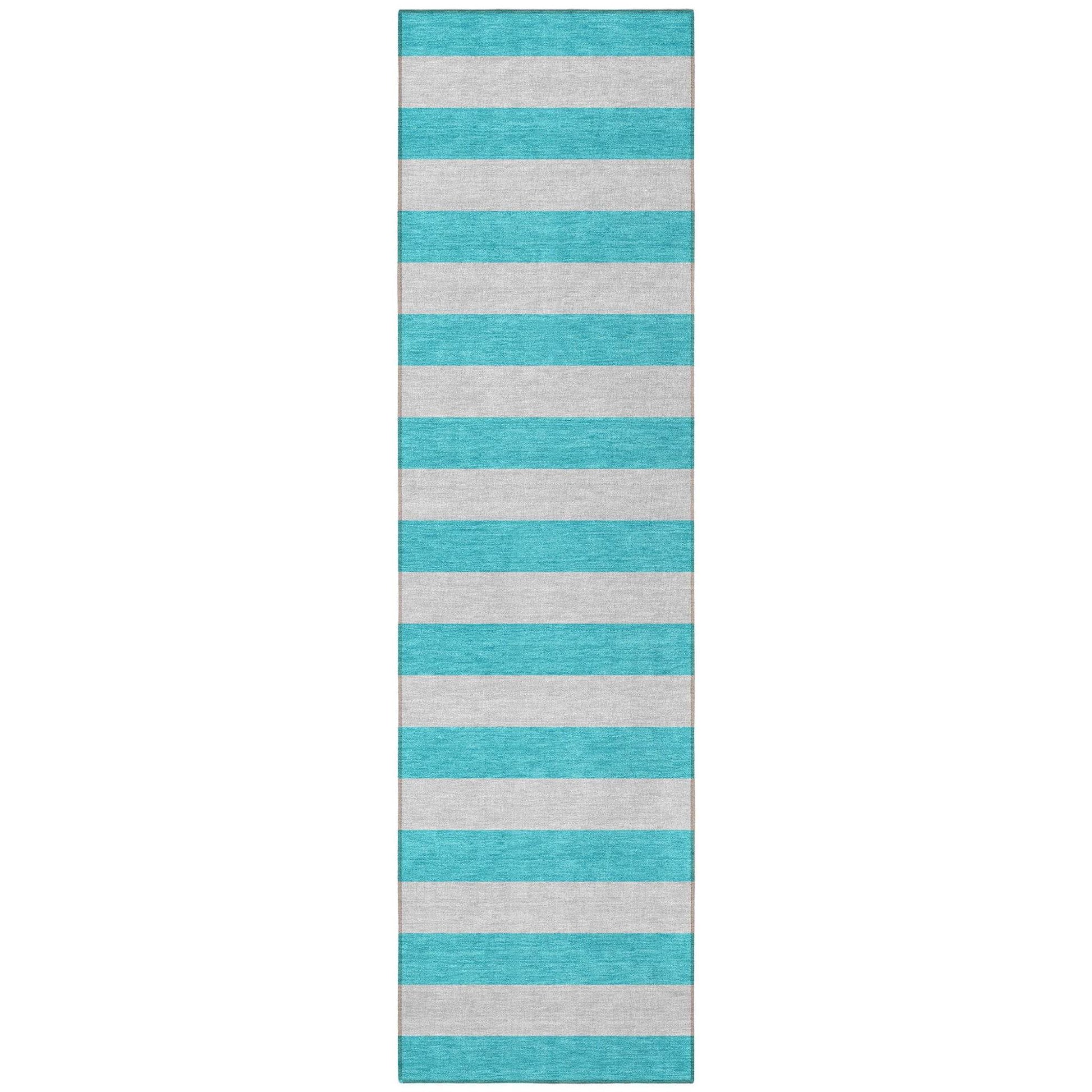 8' Runner Turquoise Striped Washable Non Skid Indoor Outdoor Runner Rug - Loft&Timber