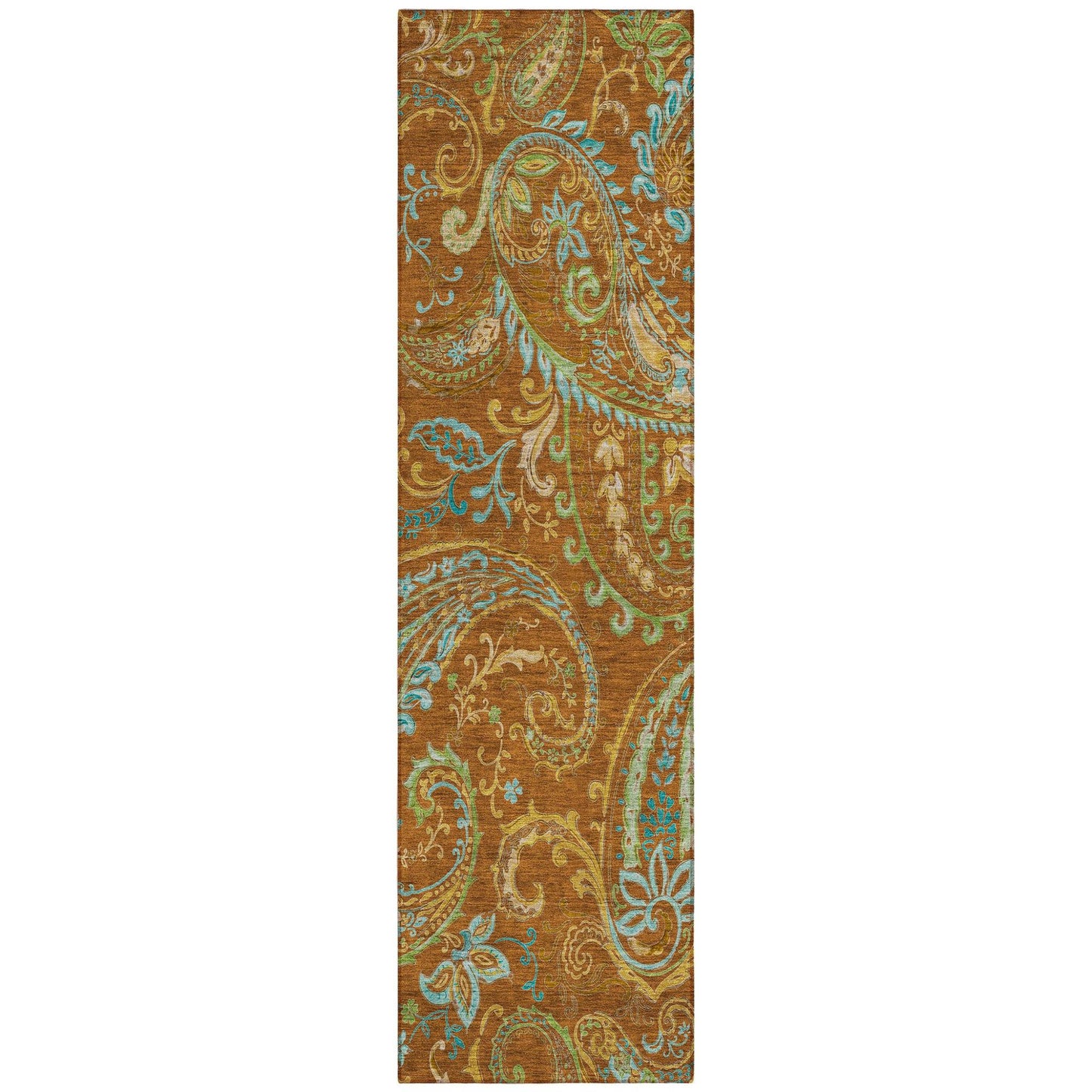 8' Runner Orange Paisley Washable Non Skid Indoor Outdoor Runner Rug - Loft&Timber