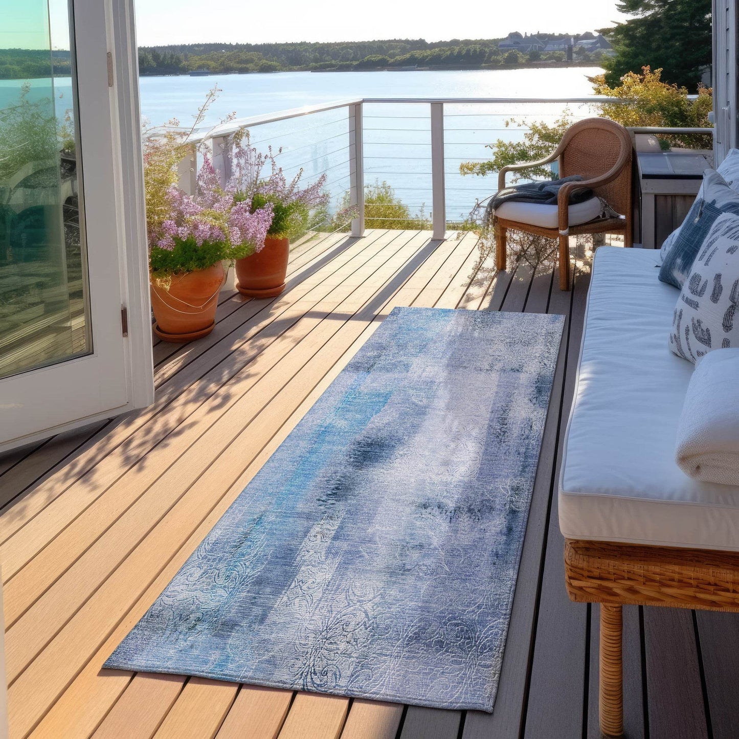 8' Runner Blue Washable Non Skid Indoor Outdoor Runner Rug - Loft&Timber