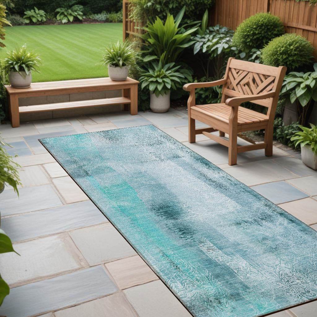 8' Runner Teal Washable Non Skid Indoor Outdoor Runner Rug - Loft&Timber