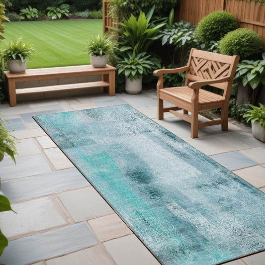 8' Runner Teal Washable Non Skid Indoor Outdoor Runner Rug - Loft&Timber