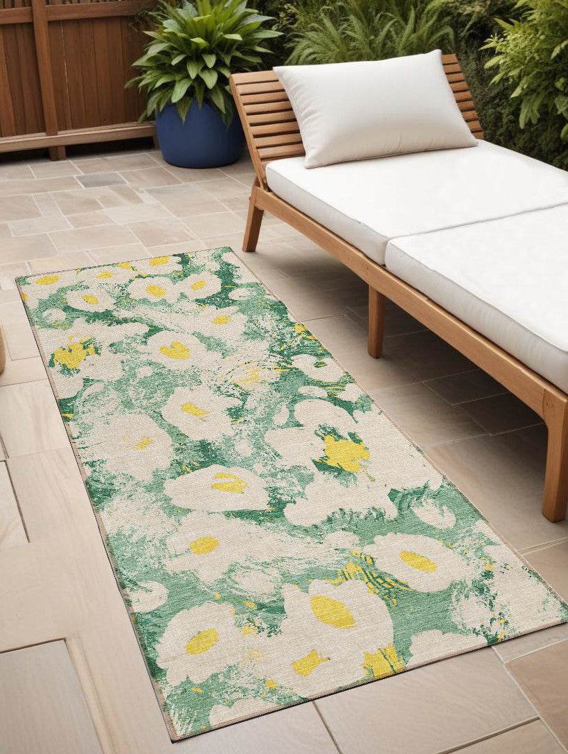 8' Runner Green Floral Washable Non Skid Indoor Outdoor Runner Rug - Loft&Timber