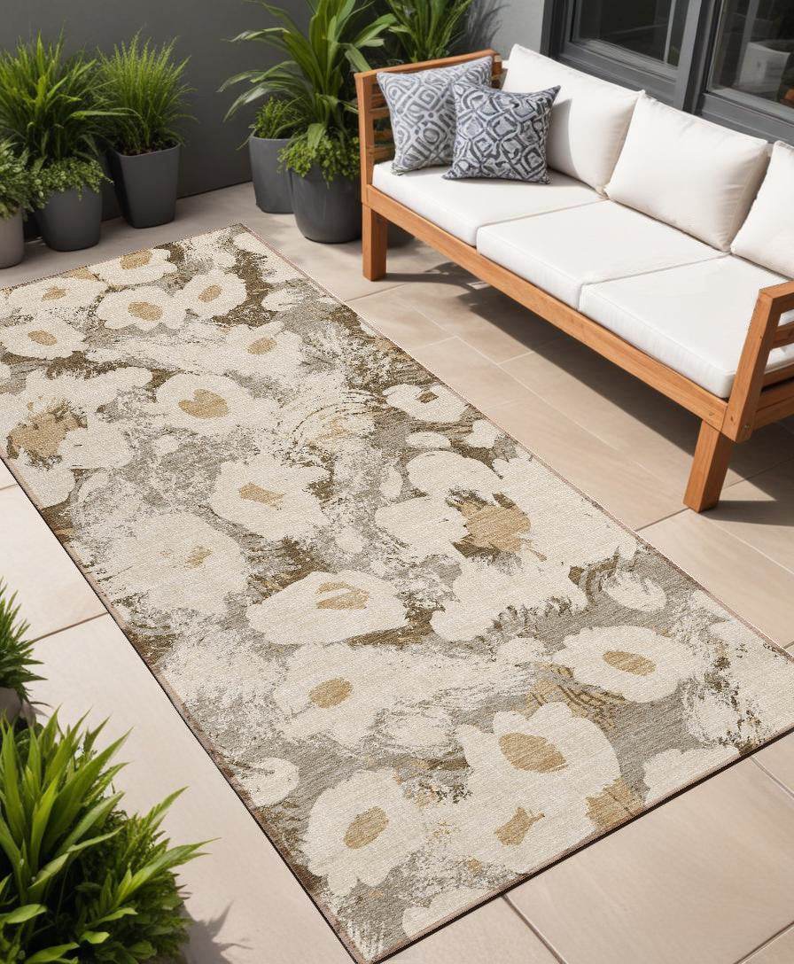 8' Runner Khaki Floral Washable Non Skid Indoor Outdoor Runner Rug - Loft&Timber