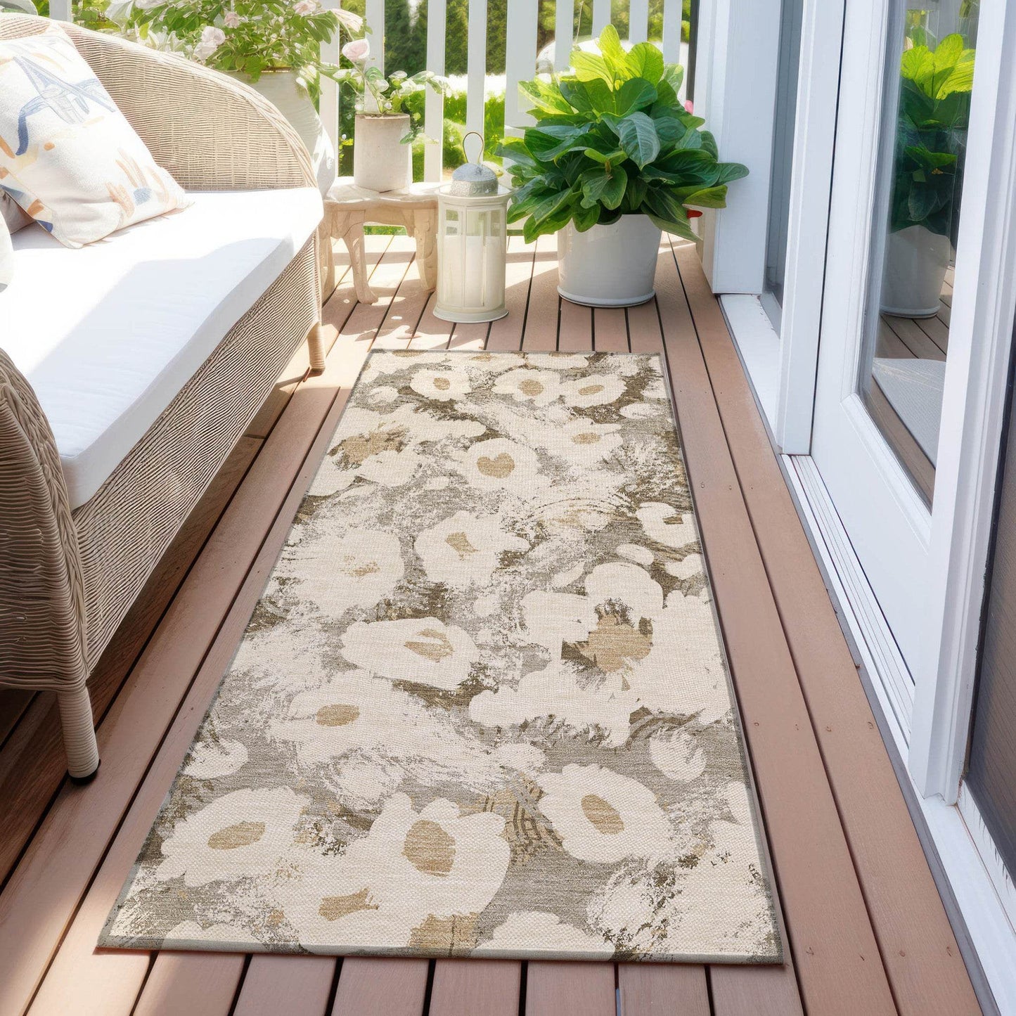 8' Runner Khaki Floral Washable Non Skid Indoor Outdoor Runner Rug - Loft&Timber