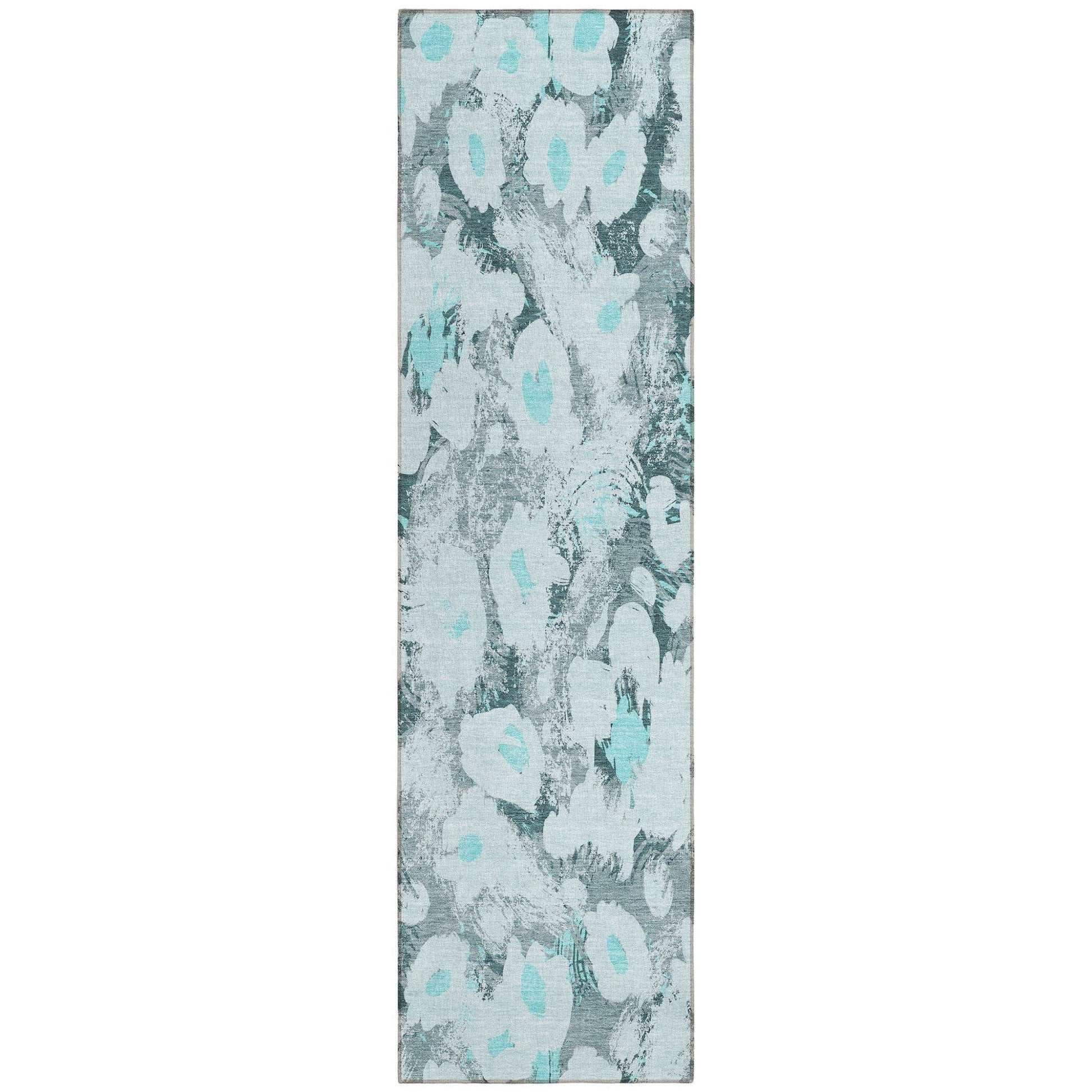 8' Runner Teal Floral Washable Non Skid Indoor Outdoor Runner Rug - Loft&Timber