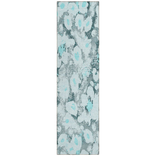 8' Runner Teal Floral Washable Non Skid Indoor Outdoor Runner Rug - Loft&Timber