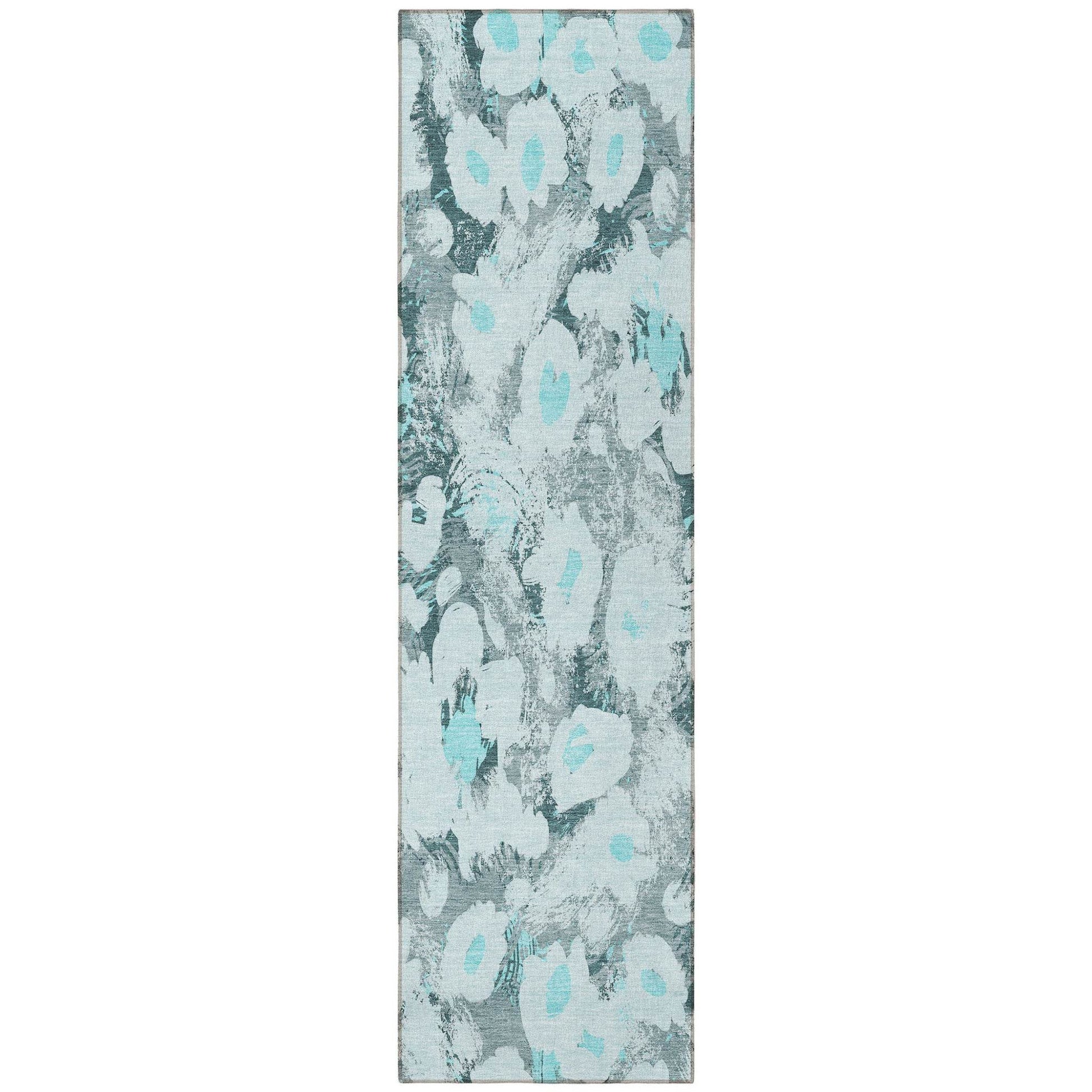 8' Runner Teal Floral Washable Non Skid Indoor Outdoor Runner Rug - Loft&Timber
