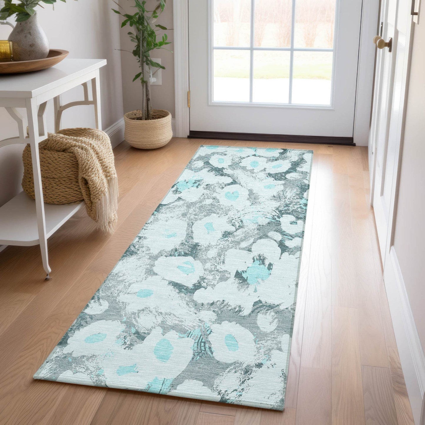 8' Runner Teal Floral Washable Non Skid Indoor Outdoor Runner Rug - Loft&Timber