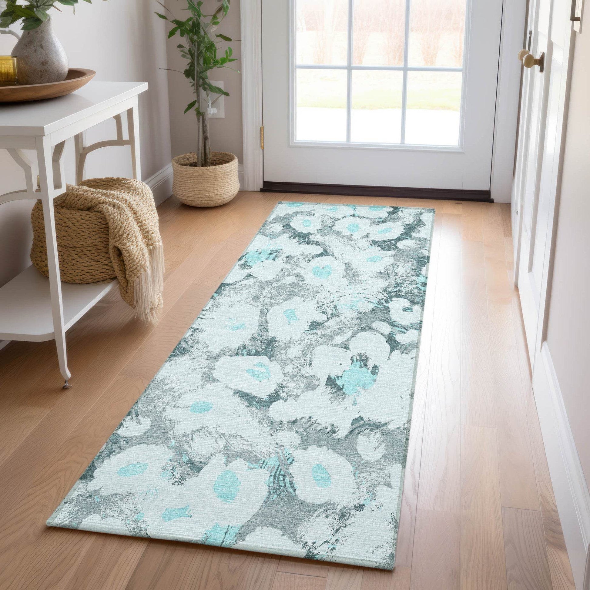 8' Runner Teal Floral Washable Non Skid Indoor Outdoor Runner Rug - Loft&Timber
