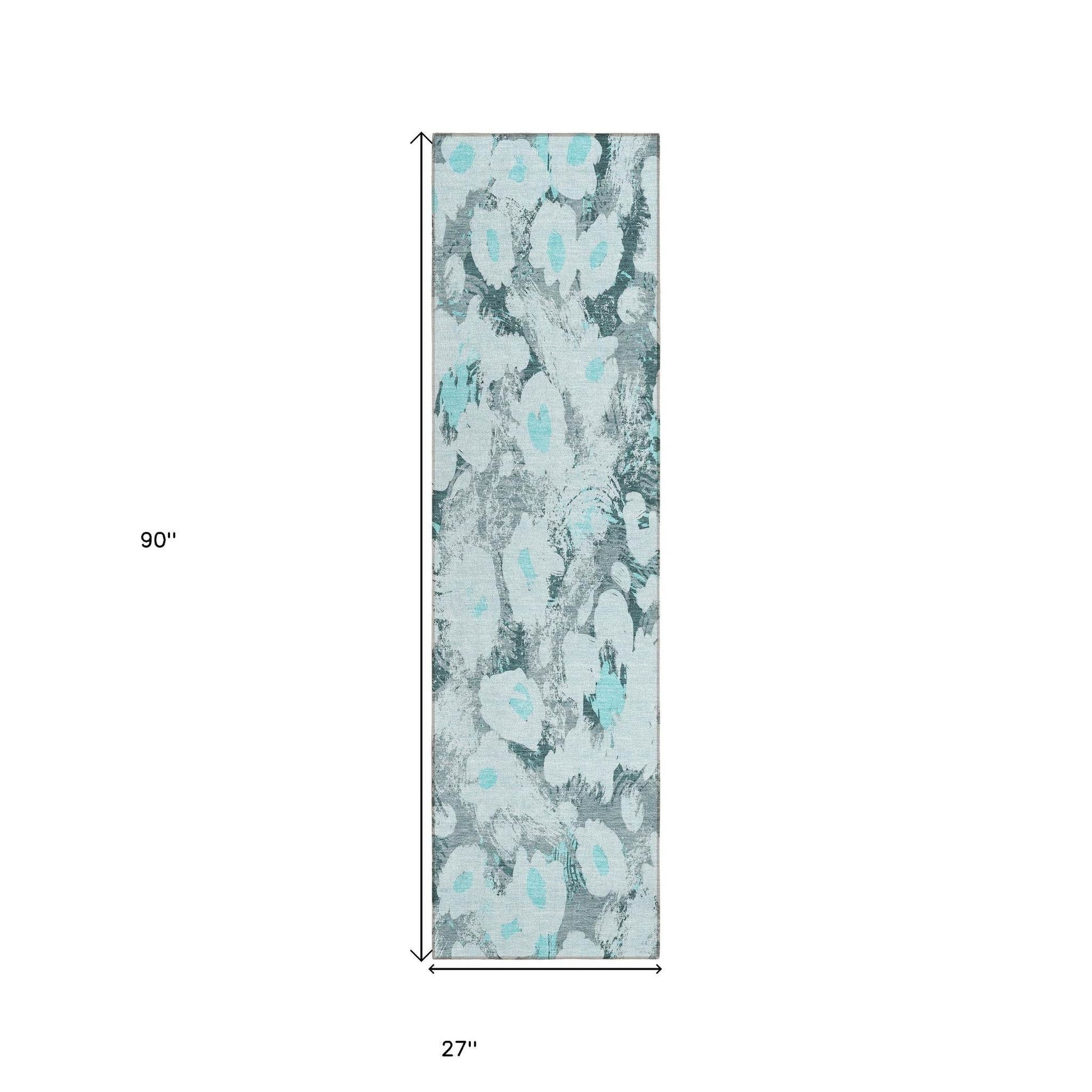 8' Runner Teal Floral Washable Non Skid Indoor Outdoor Runner Rug - Loft&Timber