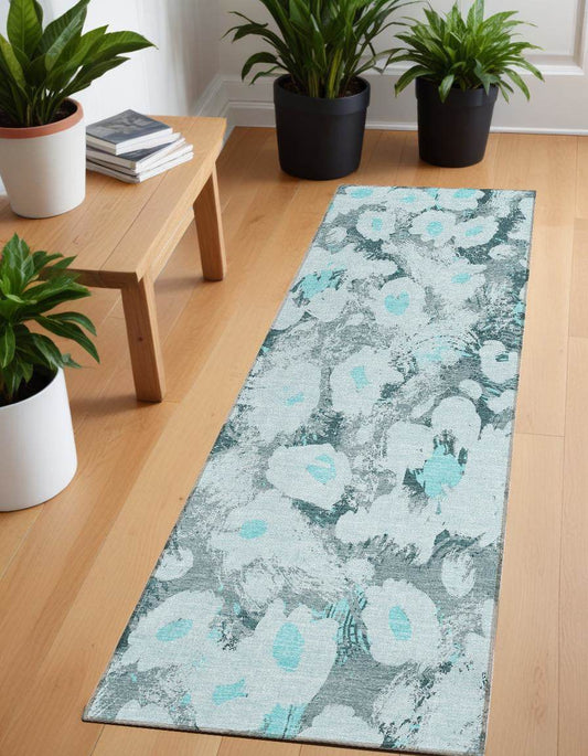 8' Runner Teal Floral Washable Non Skid Indoor Outdoor Runner Rug - Loft&Timber