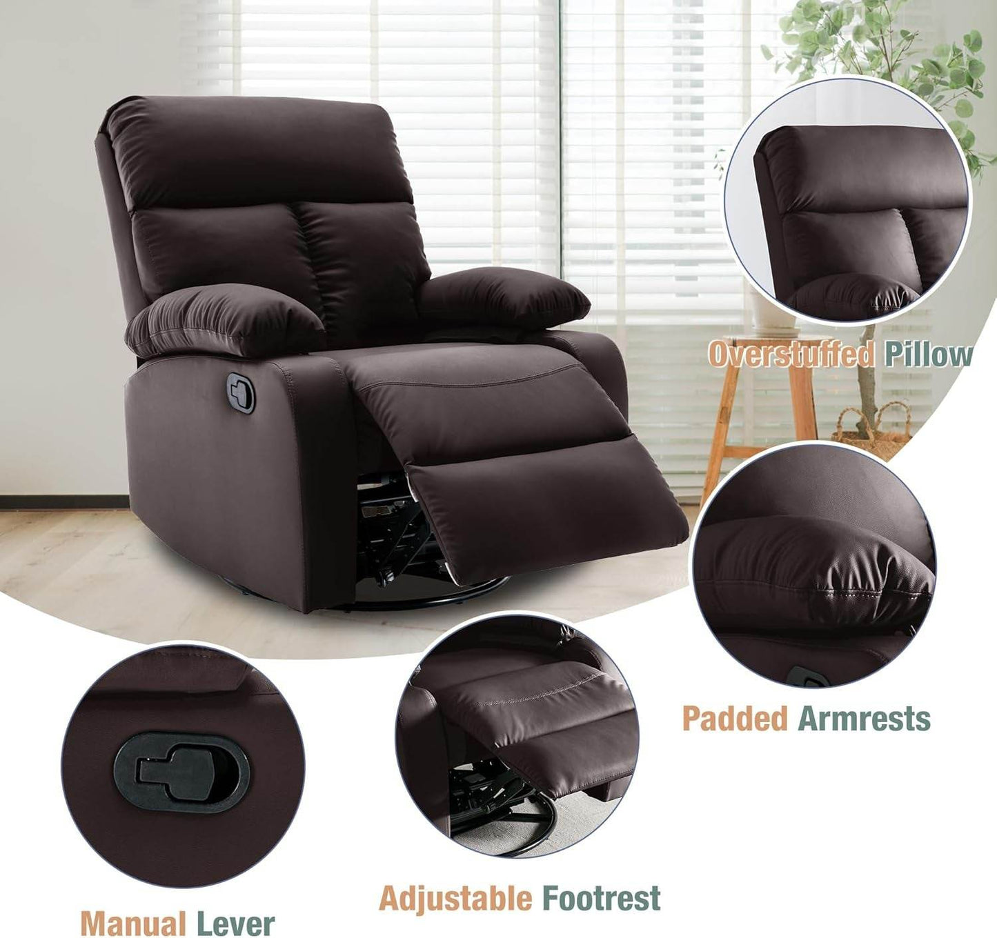 Swivel Rocker Recliner, Small Rocking Recliners Chair for Small Spaces, Small Rocker Recliner Chair for Living Room, RV, Bedroom, Nursery, Brown - Loft&Timber