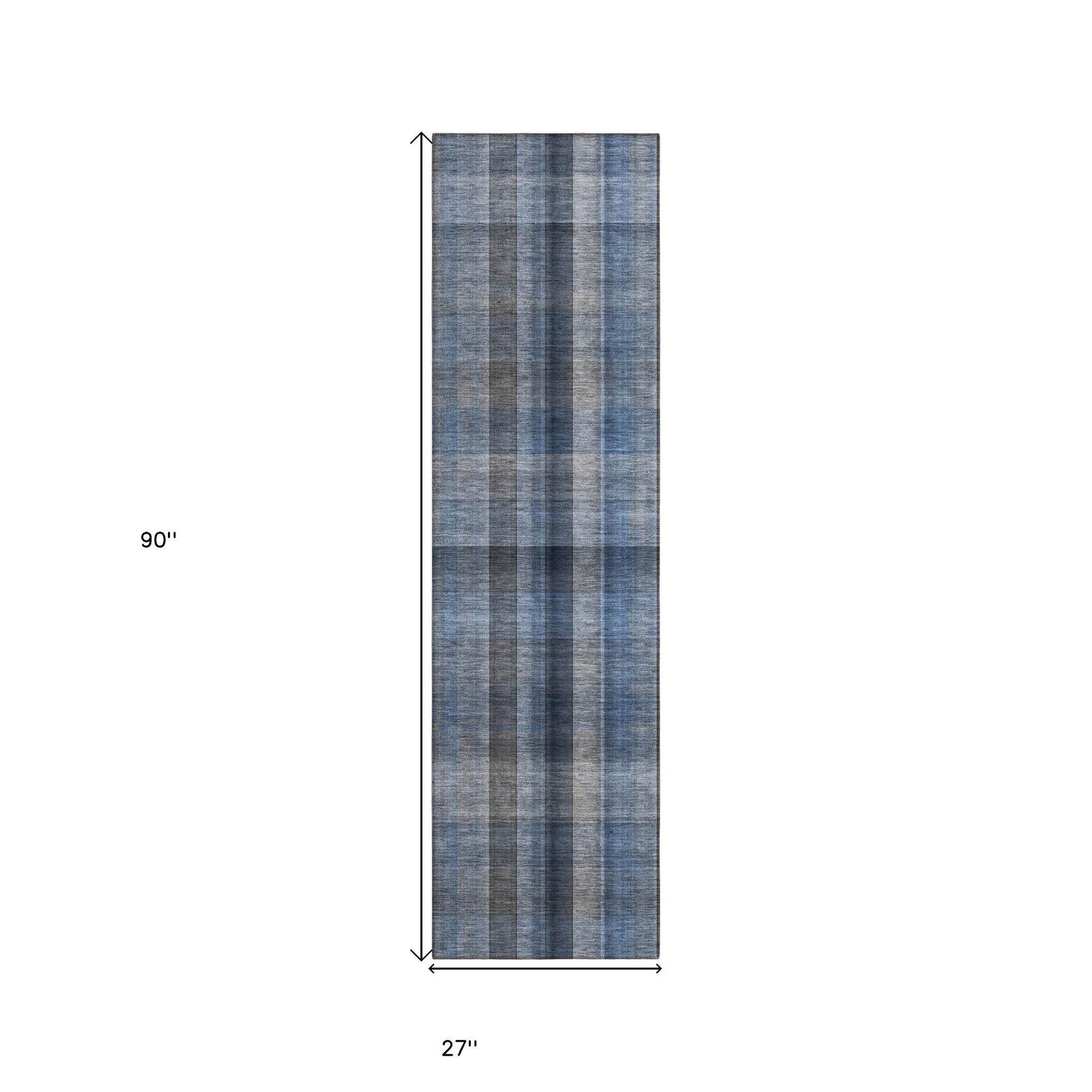 8' Runner Blue Plaid Washable Non Skid Indoor Outdoor Runner Rug - Loft&Timber