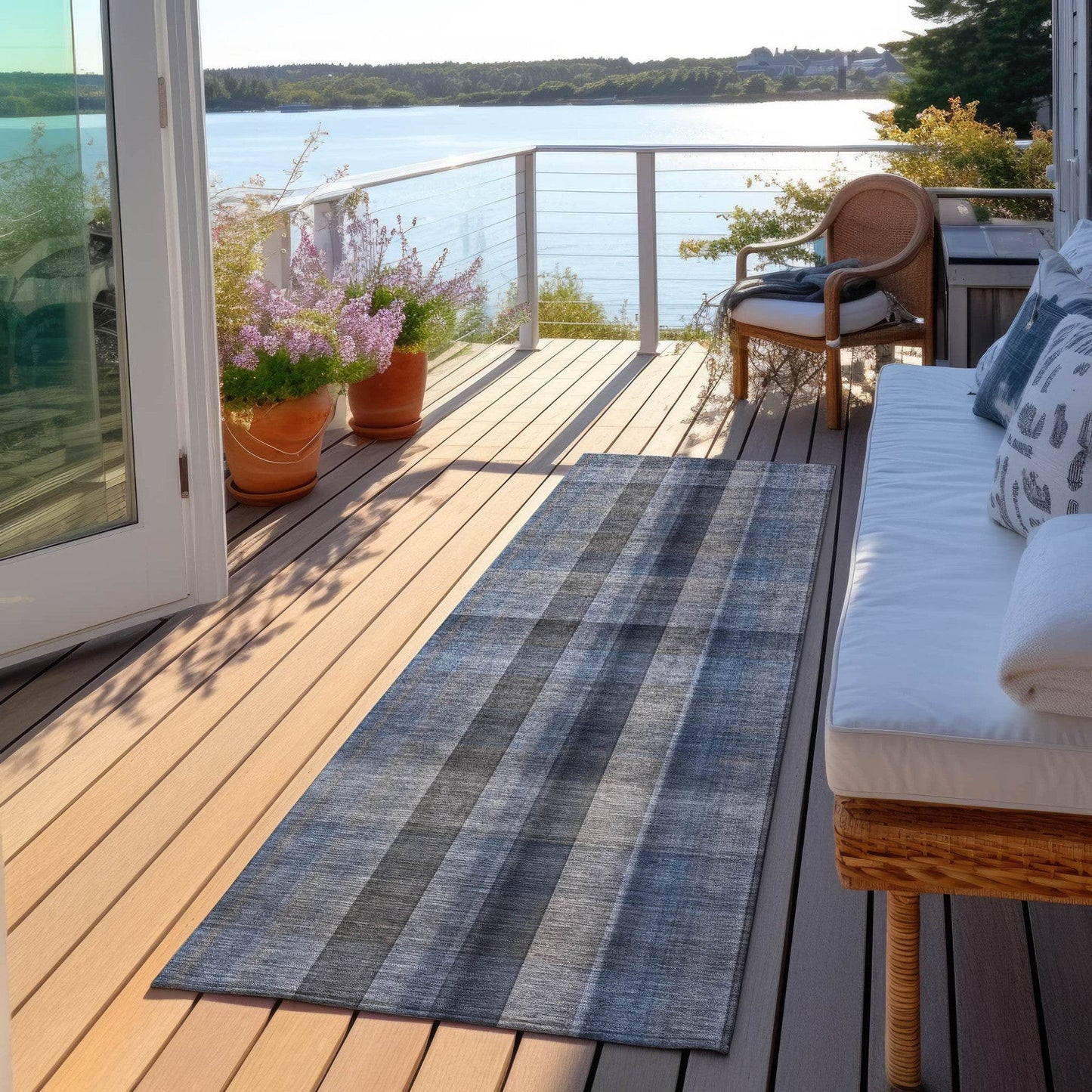 8' Runner Blue Plaid Washable Non Skid Indoor Outdoor Runner Rug - Loft&Timber