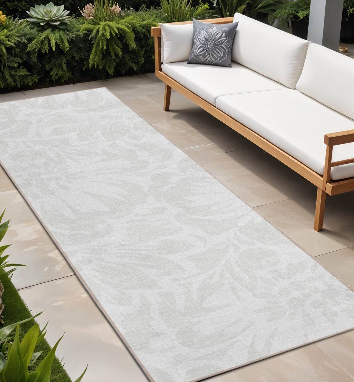 8' Runner Ivory Floral Washable Non Skid Indoor Outdoor Runner Rug - Loft&Timber
