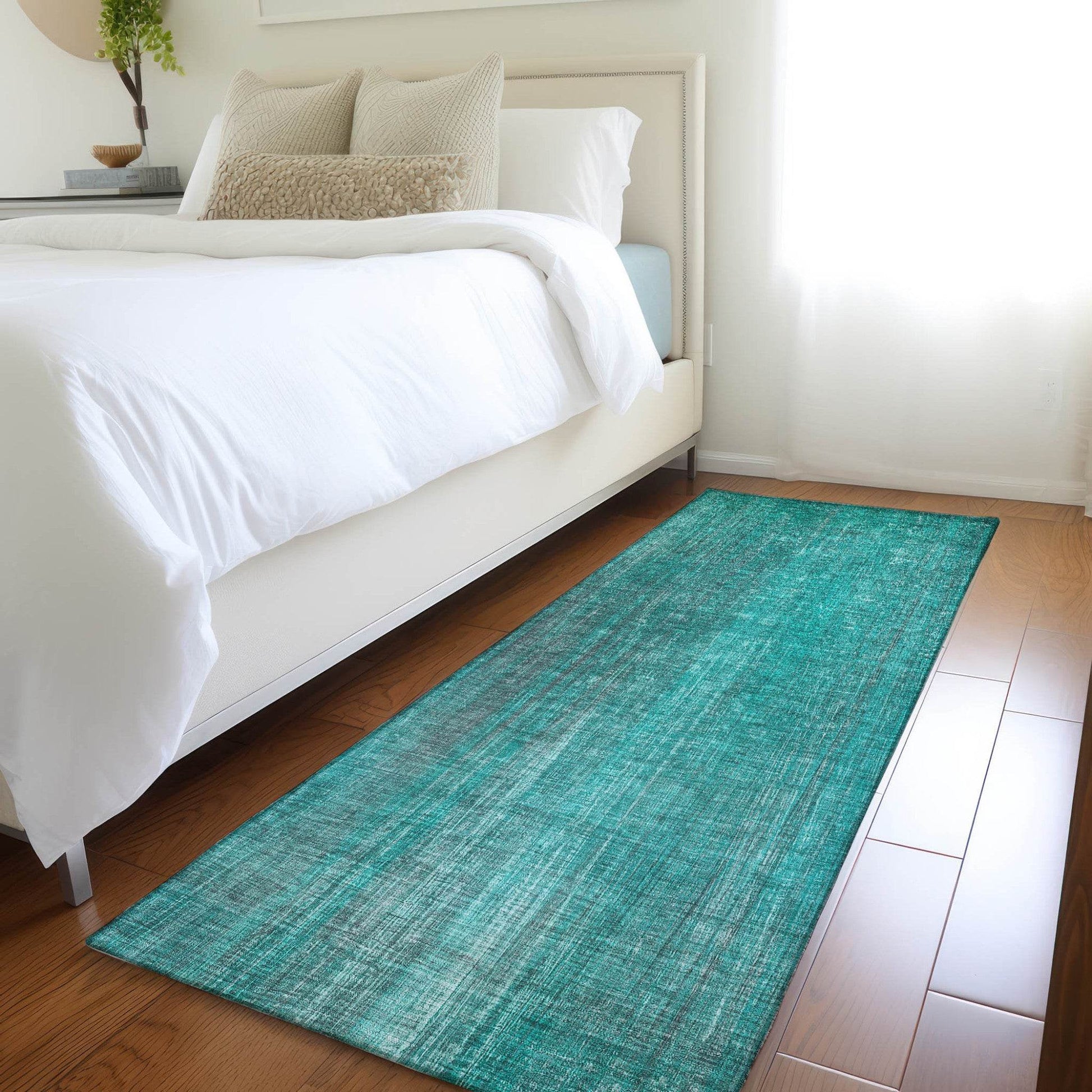 8' Runner Teal Striped Washable Non Skid Indoor Outdoor Runner Rug - Loft&Timber